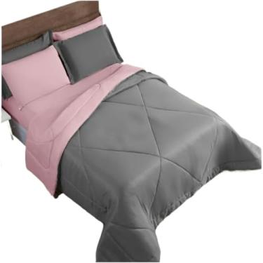 Imagem de Kit Edredom PeçAs Dupla Face - Conjunto Para Cama Com Fronhas - Decor Para Quarto(Cinza/Rosa,Edredom + 02 Fronhas (3 Peças))