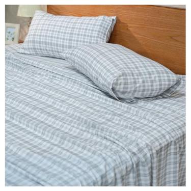 Imagem de Ruvanti 4 peças de lençóis de flanela 100% algodão xadrez azul King, bolso profundo, quente, super macio, respirável, absorvente de umidade, inclui 1 lençol de cima, 1 lençol de elástico, 2 fronhas