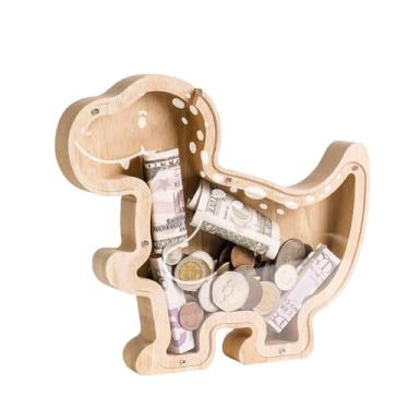 Imagem de Cofrinho T-Rex de madeira para crianças, cofrinho, cofrinho inquebrável, cofrinho seguro para crianças, com adesivos, presentes de batismo de aniversário para meninas e meninos amantes de dinossauros