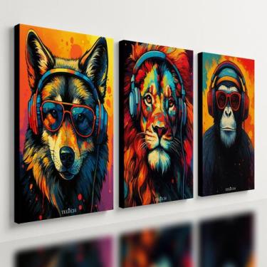 Imagem de Kit 3 Quadro Decorativo Animais Colorido Abstrato Luxo Fone 40x28cm - 
