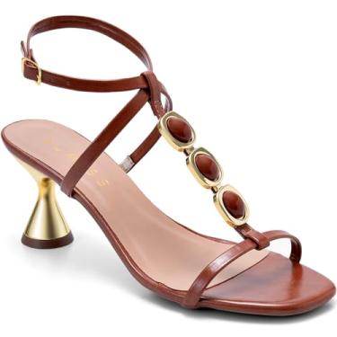 Imagem de Sandália Feminina Lumiss Salto Baixo Taça Dourado Confortável Enfeite Pedras Fivela caramelo36