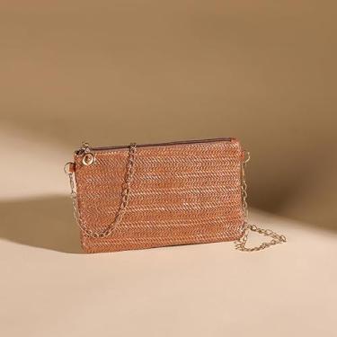 Imagem de Palha - Bolsa de mão transversal de tecido, design de alça de corrente leve para passeios diários, compras e roupas casuais combinando, Marrom escuro, Tendência