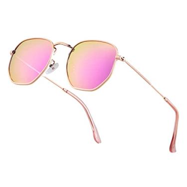 Imagem de Óculos de sol polarizados para mulheres, óculos de sol hexagonais modernos com proteção UV para dirigir em festas de golfe, Rosa espelhado