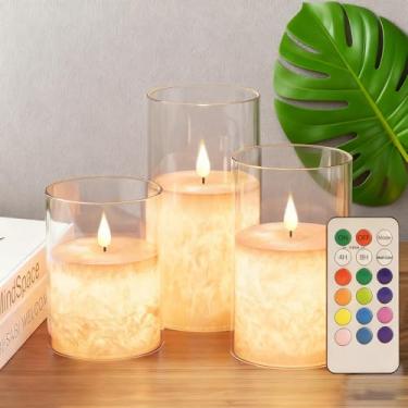 Imagem de Eynshoo Ice Crystal Velas de cera real 12 cores sem chama, pacote com 3 com temporizador remoto, velas de LED multicoloridas operadas por bateria com chama cintilante quente para decoração de casa de