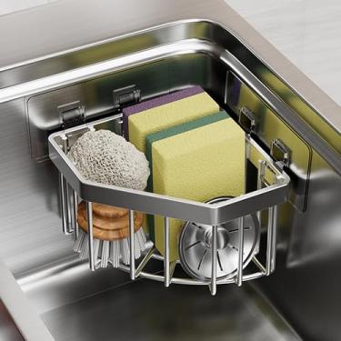 Imagem de Suporte de esponja com ventosa forte para pia de cozinha, suporte de esponja de prato de alumínio à prova de ferrugem dentro da pia, organizador removível para esponjas, escovas, rolhas, raspadores