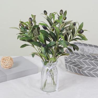 Imagem de 1 peça de ramos de oliveira verdes artificiais caules de folhas de oliveira falsas frutas pano de seda planta falsa decoração de casa escritório mesa vegetal vaso decoração 44,5 cm