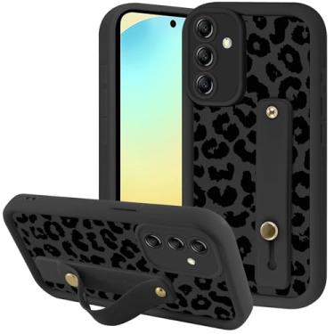 Imagem de Zrutru Capa de telefone estética preta com estampa de leopardo para Samsung Galaxy S24 FE com alça de pulso ajustável e flexível com suporte de silicone à prova de choque para Samsung S24 FE de 6,7