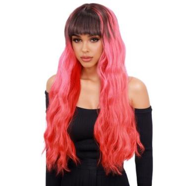 Imagem de Peruca Ombre rosa sintética de 60 cm com franja de 24 polegadas de com