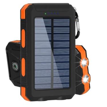 Imagem de Power Bank Solar Portátil, 10000mAh, Preto, Carregamento Rápido, Bateria Solar com LED, USB Duplo, Resistente à Água IP4, para Smartphones e Dispositivos USB (Laranja)