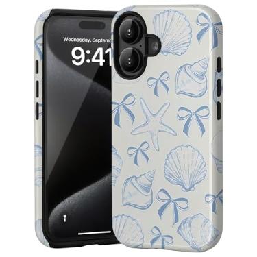 Imagem de CAINAT Capas estéticas para iPhone 17, design de concha de laço azul, capa protetora híbrida rígida de 2 camadas para mulheres e meninas