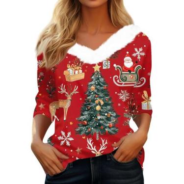 Imagem de Suéteres de Natal para mulheres COTECRAM, manga 3/4, decote em V, verm