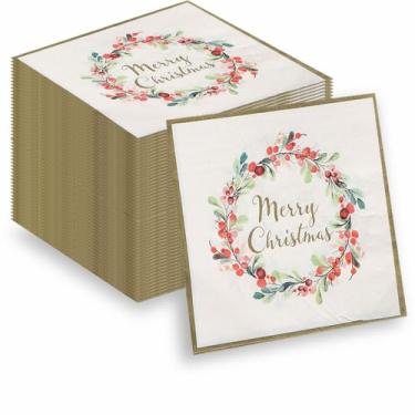 Imagem de APFCLRBL 40 guardanapos de festa de Natal Papai Noel, rena, flocos de neve, grinalda e árvore guardanapos de férias para aniversário, celebração de Natal, suprimentos de panificação, grinalda 33 x 33