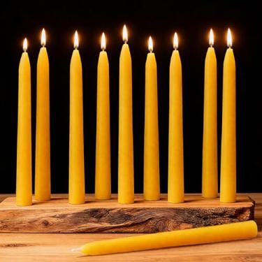 Imagem de AGLARY Pacote com 10 velas cônicas amarelas naturais de cera de abelha pura, 20 cm, sem cheiro com mechas de algodão – Caixa de papel reciclável purificadora de ar.