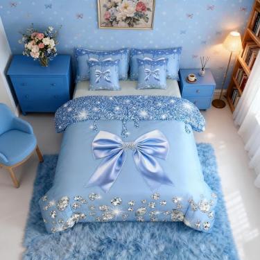 Imagem de Conjunto de edredom com laço azul celeste, 7 peças, solteiro, com lantejoulas brilhantes, céu estrelado e diamante, conjunto de lençol e lençol com gravata borboleta de princesa sonhadora para meninas