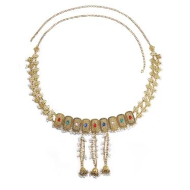 Imagem de Cinto indiano Jhumka Jhumki simulado pérola com contas de cintura pendurado oxidado tradicional Bollywood sino longo borla acessórios de barriga biquíni sexy correntes corporais ajustáveis boho joias