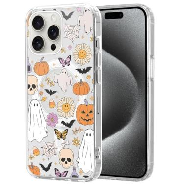 Imagem de Vulfwela Linda capa de celular transparente de Halloween para iPhone 15 Pro Max de 6,7 polegadas, compatível com MagSafe, estampa estética de abóbora, fantasma, margarida, borboleta, capa magnética