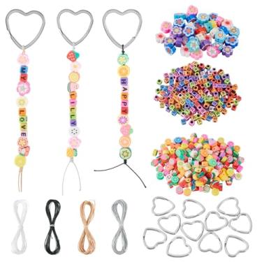 Imagem de Magibeads Kit de fabricação de chaveiros, 300 peças, cubo de acrílico, contas do alfabeto, 240 peças, flores, frutas, argila, incluindo cordão de poliéster encerado, anéis de coração para bolsa