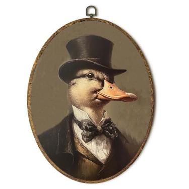 Imagem de laveliabel Decoração de parede em tela oval de pato aristocrático vintage, impressões em tela emolduradas de pato escuro da Academia, decoração de parede oval de animal gótico temperamental para casa