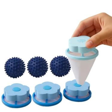 Imagem de Kit 3 Coletor Tira Pelos E Fiapos Flutuante Para Máquinas De Lavar Lavadoura + 3 Bolinhas Removedoras de Manchas roupas