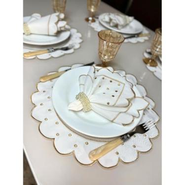 Imagem de Conjunto de 12 jogos americanos estilo americano Jogos americanos para uma mesa de jantar para 6 pessoas Arranjo de mesa Guardanapos redondos Mesa de jantar(Marfim Bolinhas Dourado)