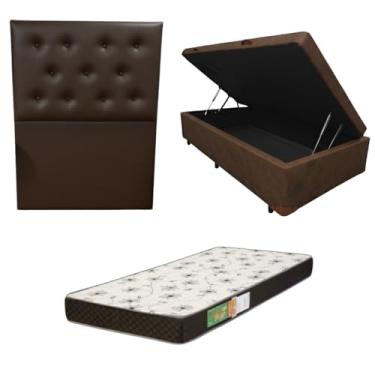 Imagem de Cama Box Baú Solteiro Blindada com Colchão Solteiro Espuma D20 12cm | Kit Completo com Cabeceira Botonê Opcional | Diversas Cores (3, CORINO MARROM, COM CABECEIRA)