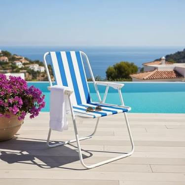 Imagem de Cadeira de praia alta de aço dobrável e resistente com 120kg(Azul)