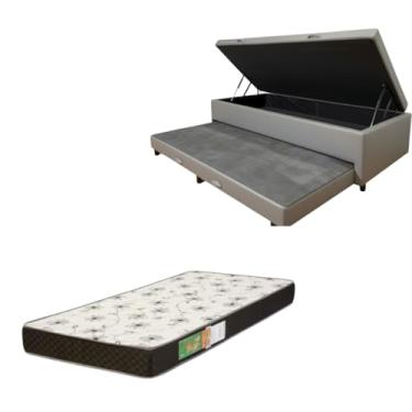Imagem de Cama Box Baú Solteiro com Auxiliar (Bicama) + Colchão Solteiro Espuma D20 12cm | Kit Completo com Cabeceira Botonê Opcional | Diversas Cores (2, CORINO CINZA, SEM CABECEIRA)