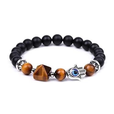 Imagem de Rockyu Pulseira Hamsa com contas à mão para homens e mulheres olho de tigre ônix preto proteção olho turco pulseira elástica energia espiritual joia presente
