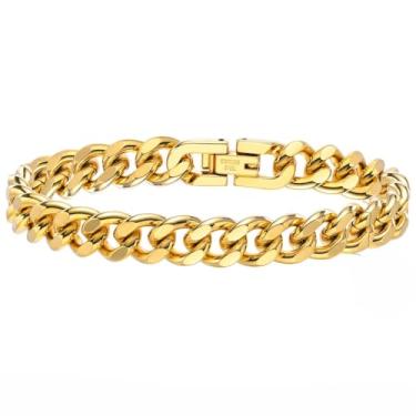 Imagem de Rockyu Pulseira masculina de elos cubanos de 7 mm, banhado a ouro, corrente hipoalergênica de 19 cm, joia polida durável para presente de aniversário da moda hip hop