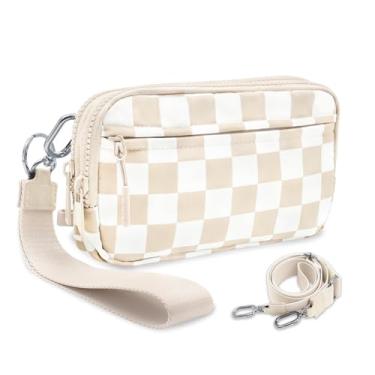 Imagem de JueiXeoy Carteira de pulso feminina quadriculada pequena bolsa transversal bolsa acolchoada de nylon porta-cartão de crédito com 4 zíperes, Bege/branco, One Size