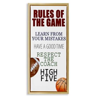 Imagem de Stupell Industries Arte de parede em tela flutuante com moldura dourada Motivational Rules Of The Game, design de Kim Allen, 78 x 38 cm