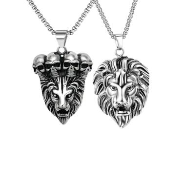 Imagem de PYNASA Conjunto de 2 peças de aço inoxidável com pingente de caveira de cabeça de leão para homens e mulheres, corrente de joias punk, pingente de cabeça de crânio de rei de leão, corrente de amuleto