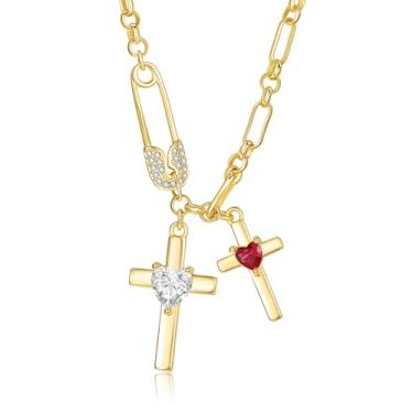 Imagem de SilvecFantasy Colar de cruz de ouro para mulheres, pingente de cruz dupla de 14 K, pino de segurança delicado, 2 pedras do nascimento, clipe de papel, corrente de fé, joias modernas, presentes