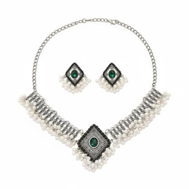 Imagem de Strass Geométrico Imitação Pérola Frisada Borla Pingente Brinco de Corrente Ajustável Fio Gargantilha Colar Conjunto de Joias Vintage Étnico Tradicional Indiano Declaração para Mulheres Noiva