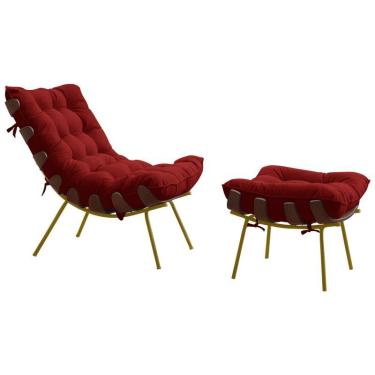 Imagem de Poltrona e Puff Abel Base de Madeira Dourada Veludo Vermelho