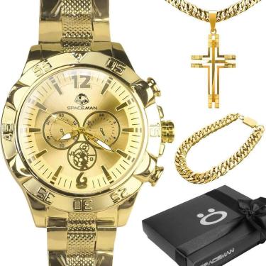 Imagem de Título 24: Relogio Masculino Aço Inox Banhado + Corrente + Pulseira Analogico Social autêntico Casual