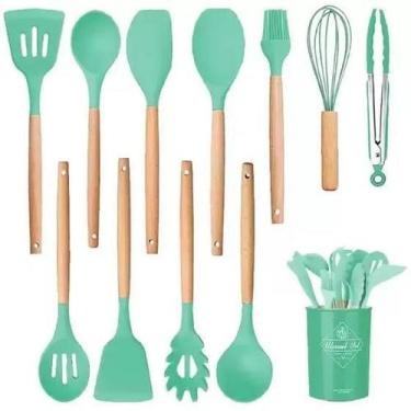 Imagem de Kit de Utensílios Para Cozinha 12 Peças, de Silicone e Cabo de Madeira
