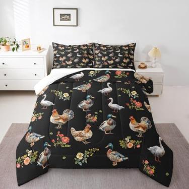 Imagem de Jogo de cama queen com tema de animais de fazenda, pato galinha, ganso e galinha, decoração de quarto de crianças, adolescentes, homens, estilo casa de fazenda, estilo rústico, margarida, animal
