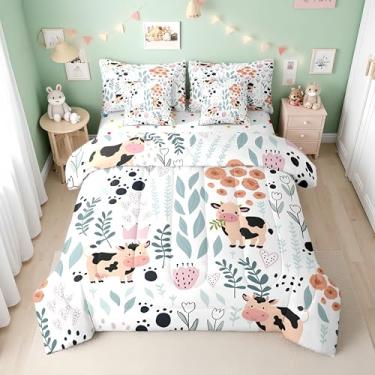 Imagem de Erosebridal Conjunto de edredom solteiro com estampa de vaca leiteira, 7 peças, estampa de animais de fazenda, para crianças, meninas, meninos, lençol floral rosa fofo com folha verde (lençol com