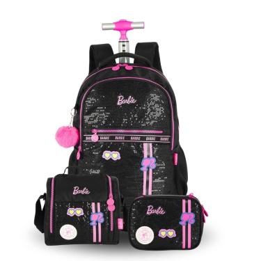 Imagem de Mochila Rodas Lancheira Térmica Estojo Box Barbie Paetê