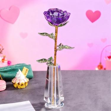 Imagem de HTBIG Presentes de Dia dos Namorados, rosa roxa para ela, escultura de cristal K9 rosa em vaso, flor eterna de vidro de cristal 3D, para mulheres em aniversário, casamento, aniversário, dia dos