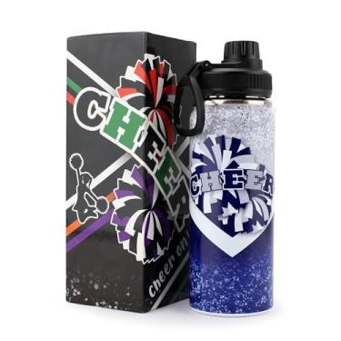 Imagem de BMHHTM Garrafa de água Cheer para meninas 510 g, garrafa esportiva isolada de aço inoxidável com alça, presente de líder de torcida a granel para presentes de time (azul marinho)