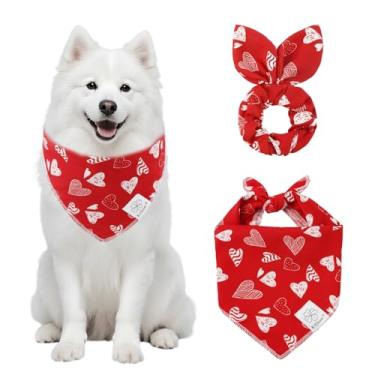 Imagem de E-Clover Conjunto de bandanas e scrunchie combinando com coração vermelho dos namorados, babadores, bandana para animais de estimação com gravata borboleta para cães médios e grandes, mãe vermelha