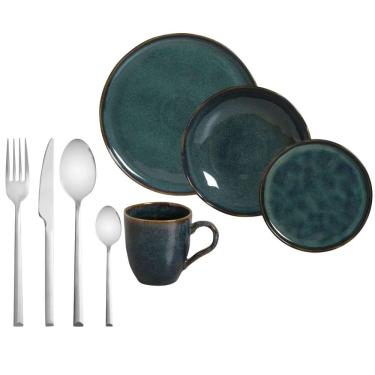 Imagem de Kit Aparelho de Jantar 16 Peças Stoneware Bio Oceano Porto Brasil + Faqueiro Oslo 16 Peças em Aço Inox da Wolff
