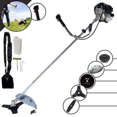 Imagem de Roçadeira À Gasolina Toyama TBC43H 2T 43cc 12000rpm 1,7HP 5 Opções de Corte Com Facas 2 Pontas, 3 Pontas, 80 Dentes, Escova de Aço e Carretel de Nylon