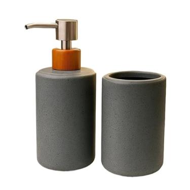 Imagem de Kit Banheiro de Cerâmica 2 Peças – Dispenser Porta Sabonete Líquido e Porta Escova de Dente | Ideal para Lavabo e Decoração Elegante(SNOW CINZA)