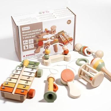 Imagem de Conjunto de Instrumentos Musicais de Madeira, 7 Peças, Xilofone e Chocalhos, Brinquedo Montessori, 25x17x9.5cm