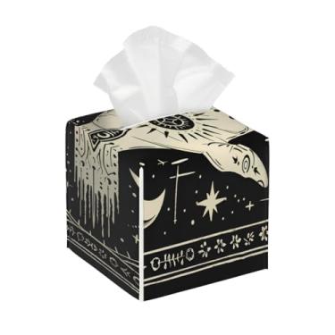 Imagem de Porta-lenços de papel quadrado de couro impermeável étnico boêmio psicodélico facial organizador de papel com cinto inferior cubo estojo de lenços para mesa, banheiro, escritório, mesa, carro