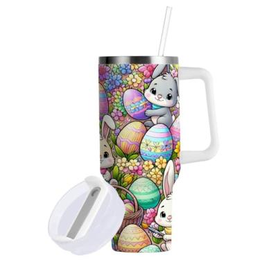 Imagem de Blueangle Copo de coelho da Páscoa de 850 g com alça e tampa de palha, copo isolado reutilizável de aço inoxidável garrafa de água caneca de viagem (606)
