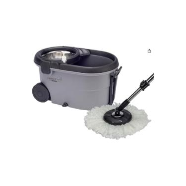 Imagem de Mop Esfregão Giratório Pró com Balde 13 Litros, Refil Microfibra, Rodinhas, Alça Flexível, Cabo 125cm, Cinza e Vermelho